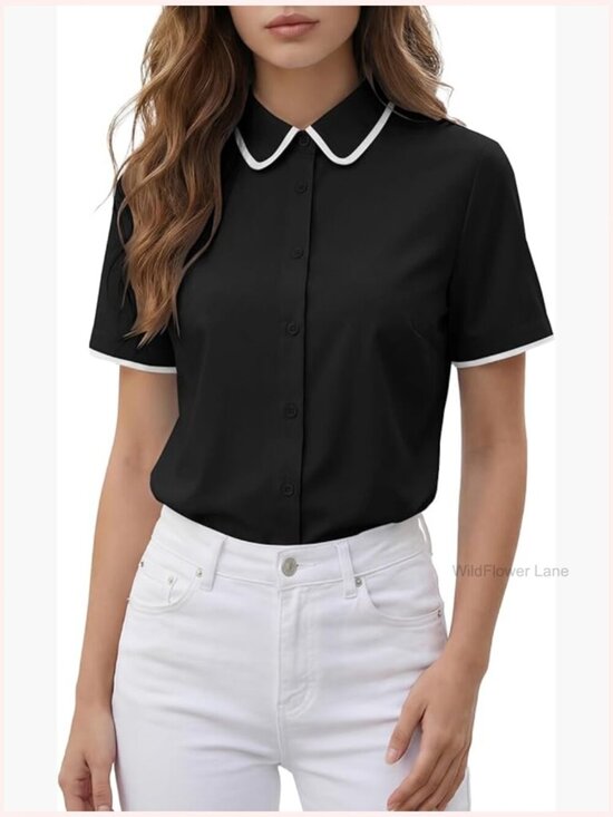 Tops - Collared Button Down Short Sleeve Blouse Top Shirt